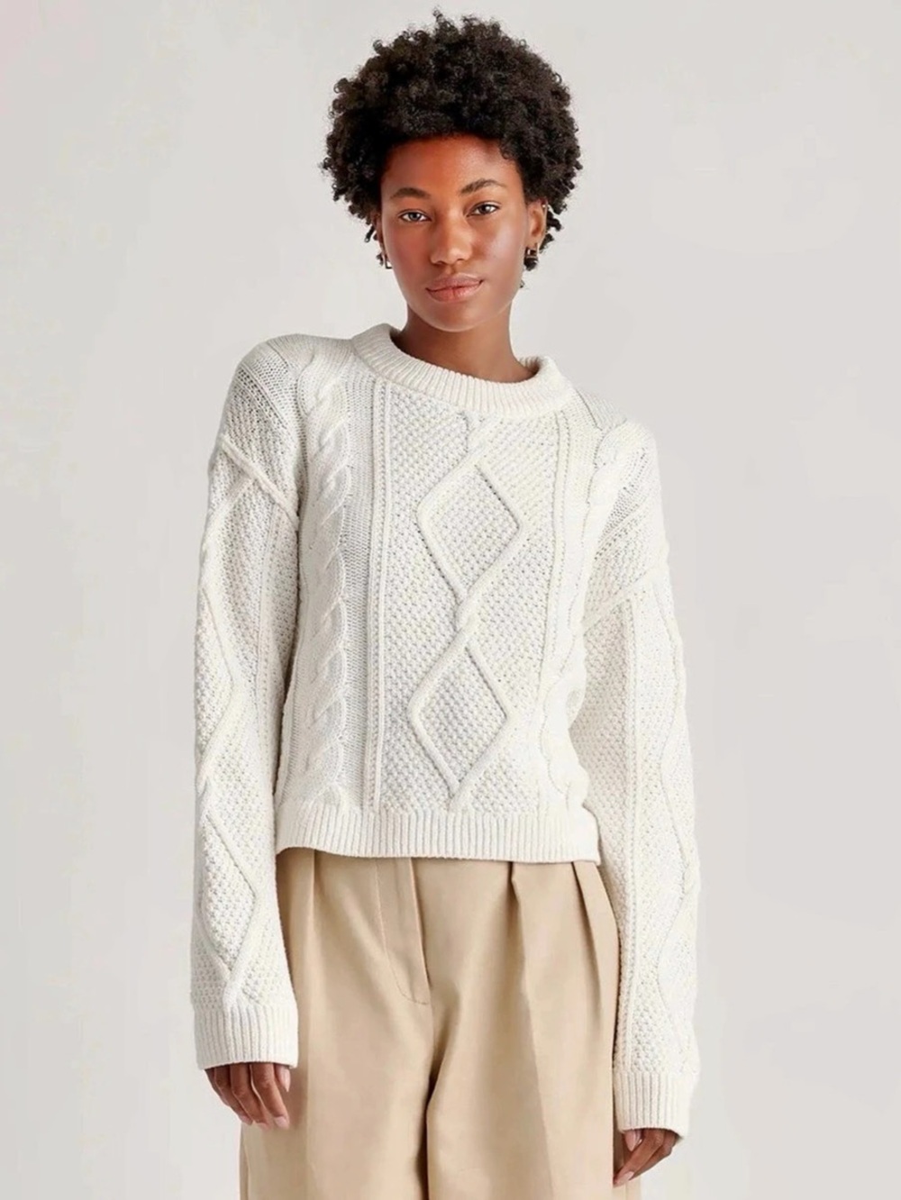 Quince 100% Organic Cotton Cropped Cable Crew Sweater White XS